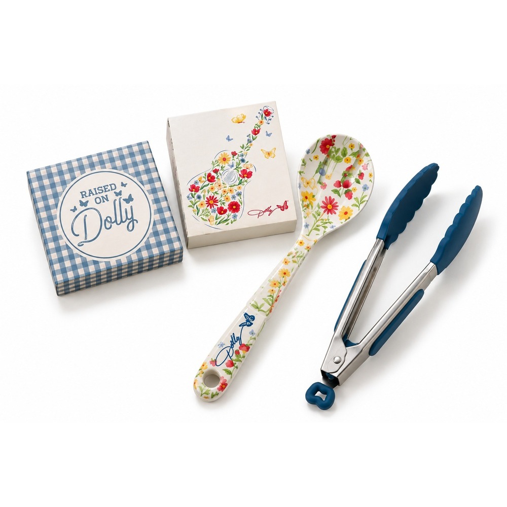 Dolly Parton Floral Wildflower Printed Spoon Fork Tongs Kitchen Plaque Set NWT